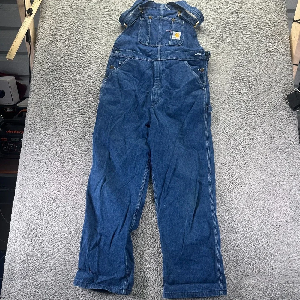 Carhartt Bib Overall Mens 36x30 Blue Cotton Denim Straight Carpenter Workwear